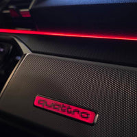 DHStyling Audi Q3 F3 2019–2024 RGB ambient lighting kit with dashboard LED strips, four illuminated door trims, footwell lights and wiring harnesses.
