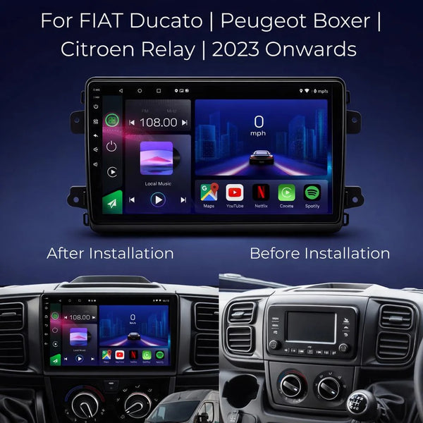 Fiat Ducato Peugeot Boxer and Citroën Relay 2023 onwards Android 15 car stereo with Wireless CarPlay and Android Auto
